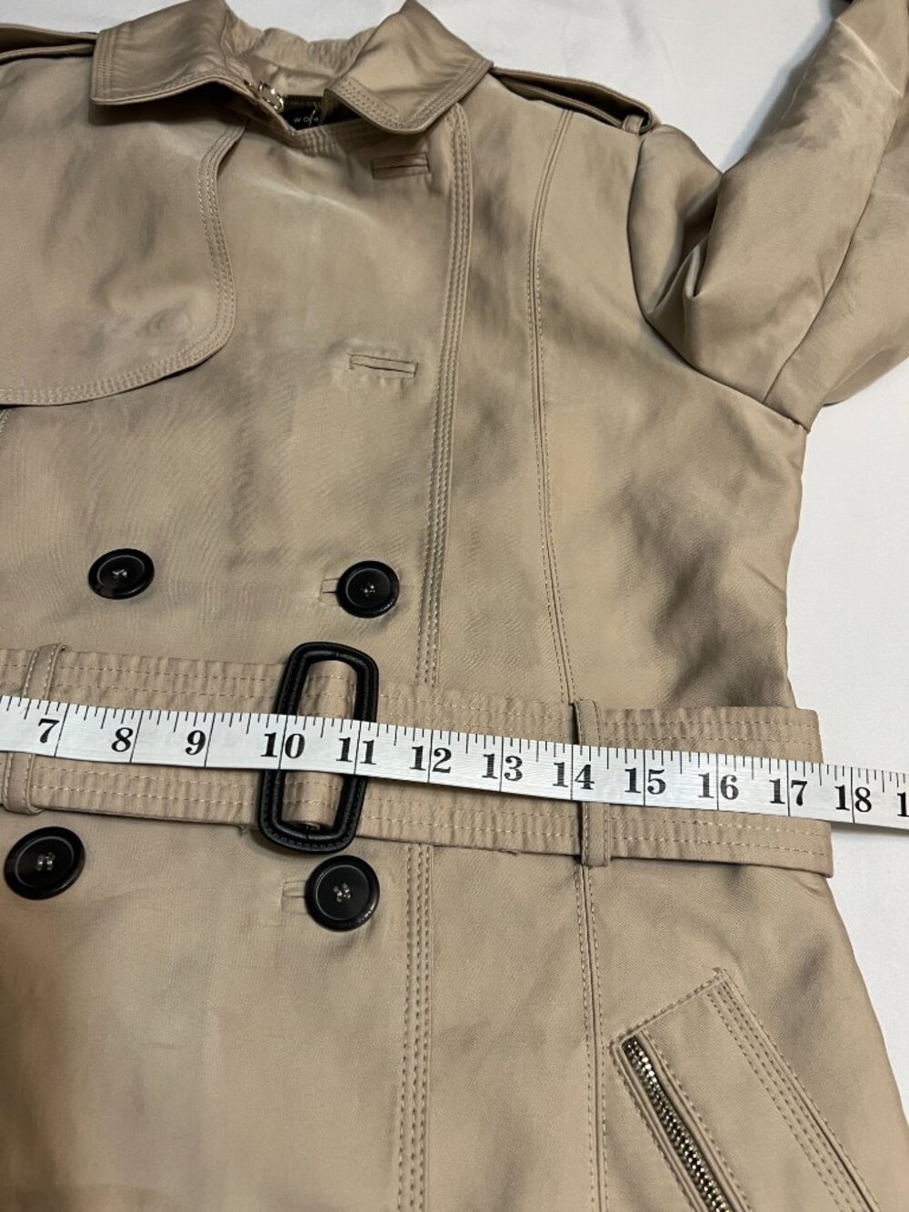 ZARA WOMAN Trench Coat Womens M Beige Belted Double Breasted Jacket Khaki - Picture 7 of 13